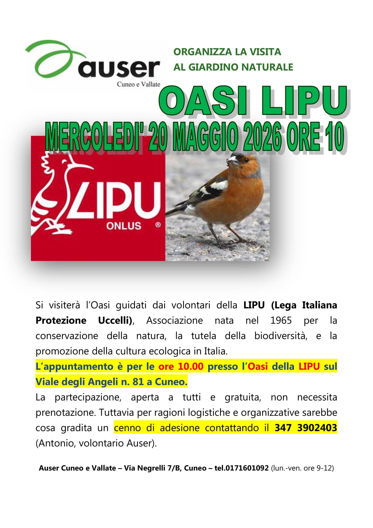 Visita guidata all’Oasi Lipu di Viale Angeli   di Auser Cuneo e Vallate